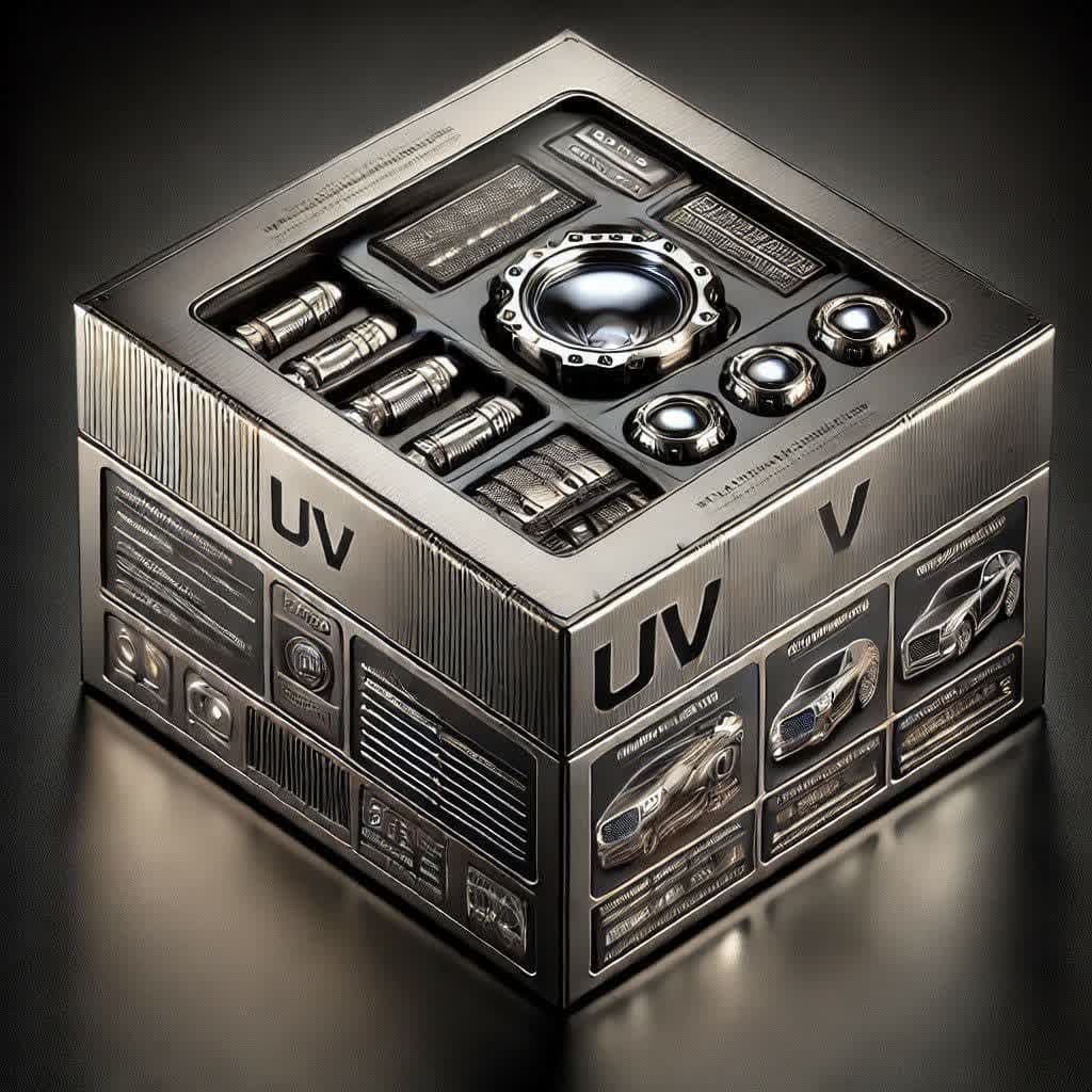 طراحی جعبه لوازم یدکی خودرو مقوایی با روکش UV یا متالایز